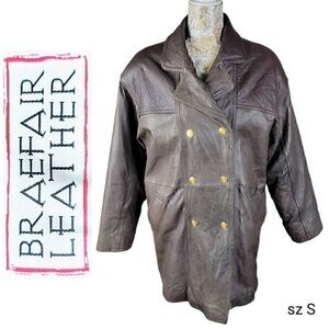 Braefair Vintage 80s Brown Leather Crested Gold Button Double Breasted Coat